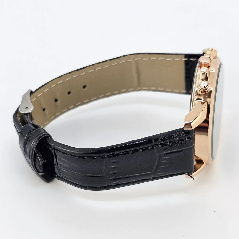 Men's Watch Analog 40MM Black Dial Black Faux Leather Bands New Battery